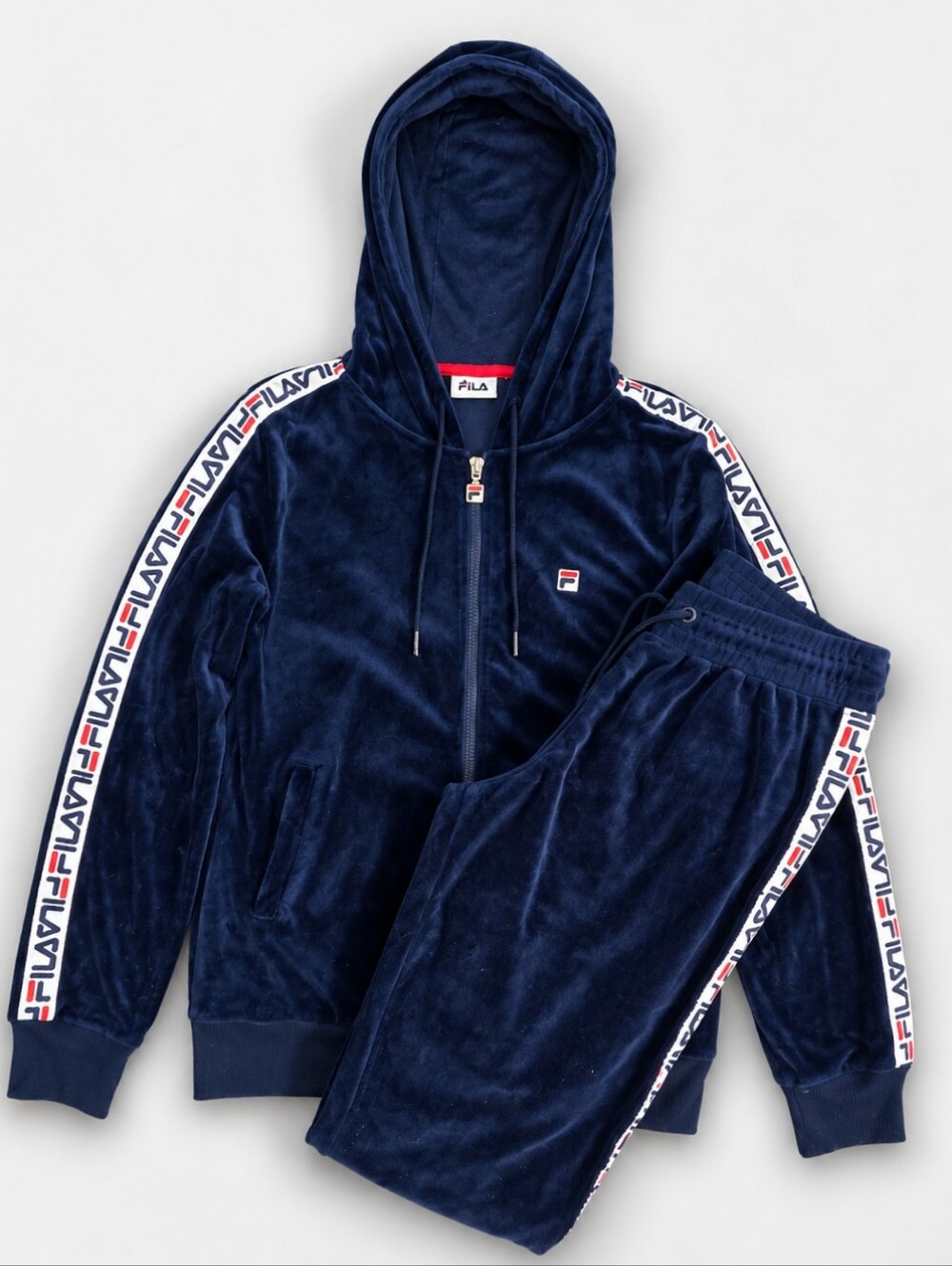 FILA Women’s Small Navy Velour Tracksuit Set Logo Tape Y2K Hoodie Joggers
